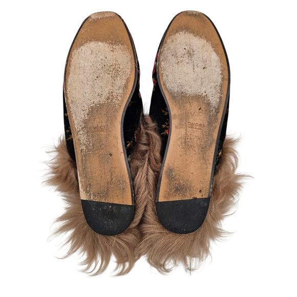 Gucci Princetown Horsebit Flat Slide Mule Fur Floral Black Velvet Size 38 US 8 - Picture 9 of 10